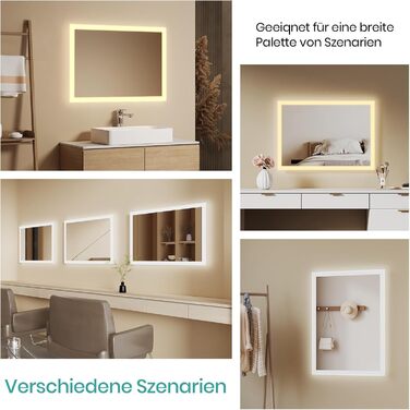 Дзеркало для ванної кімнати EMKE з підсвічуванням 120x60 см, тепле біле світло 3000K, вимикач, антизапар, 2 кольори світла, матовий бордюр