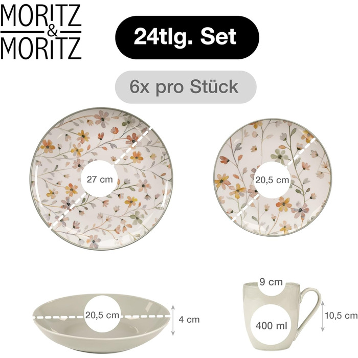 Набір посуду Moritz & Moritz PRIMAVERA з кераміки на 6 осіб (24 шт.) - сучасний сервіз з ігровим дизайном, легкий у догляді, включає тарілки, чашки та миски