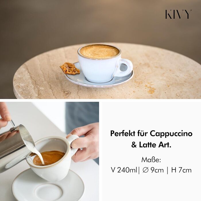 Набір кавових чашок KIVY Cappuccino (4 шт., 240 мл) з блюдцем - ручної роботи, з товстих стінок, з екологічного стеінгуту, стійкі до миття в посудомийній машині, колір: таємно зелений