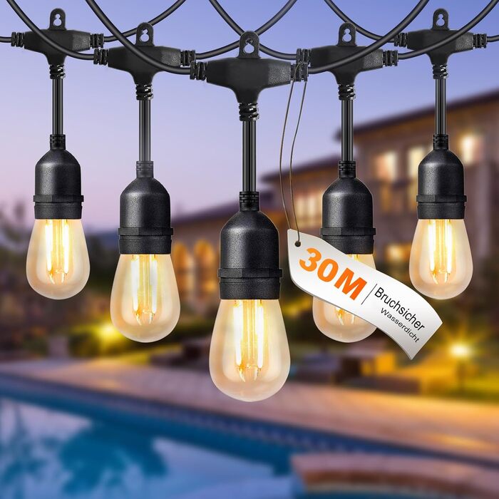 BRIMAX 30M LED гірлянда для вулиці, 220-240V, IP44, 46+4 лампочки G40 E12 1W, 2200K тепле біле світло, розширювана гірлянда для кемпінгу, ярмарку, саду, вечірки