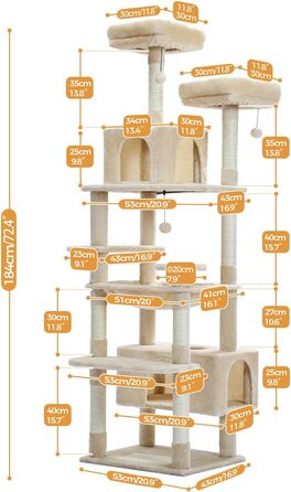 Котяче дерево для великих кішок, з кігтеточками з сизалю, жердинками, кабінками та кошиком, бежеве, 184