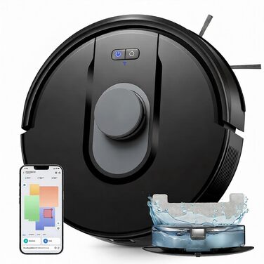 Робот-пилосос Vexilar 8000Pa з функцією миття, LiDAR навігація, 5 карт, 180 хвилин роботи, 50dB, керування через додаток, для твердих поверхонь та килимів (темно-сірий)