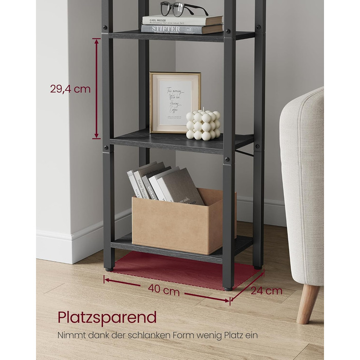 Стелаж VASAGLE Regal для книг, DVD та офісних документів, 4 яруси, 24x40x76,4 см, вінтажний коричнево-чорний колір (LLS098K02)