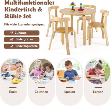 Дитячий столик та 4 стільчики DREAMADE з масиву дерева, дитячий меблевий набір для дівчаток та хлопчиків (натуральне дерево)