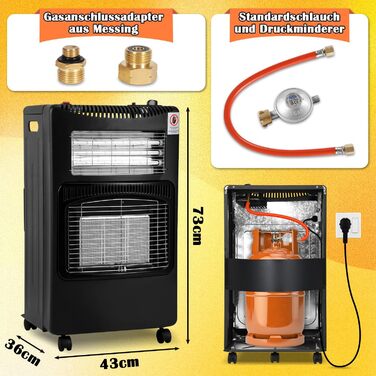 Газовий обігрівач Jiubiaz 4200W з інфрачервоним керамічним нагрівачем, 1260W електричний нагрів, включає редуктор, шланг та адаптер для балонів (Бутан/Пропан)