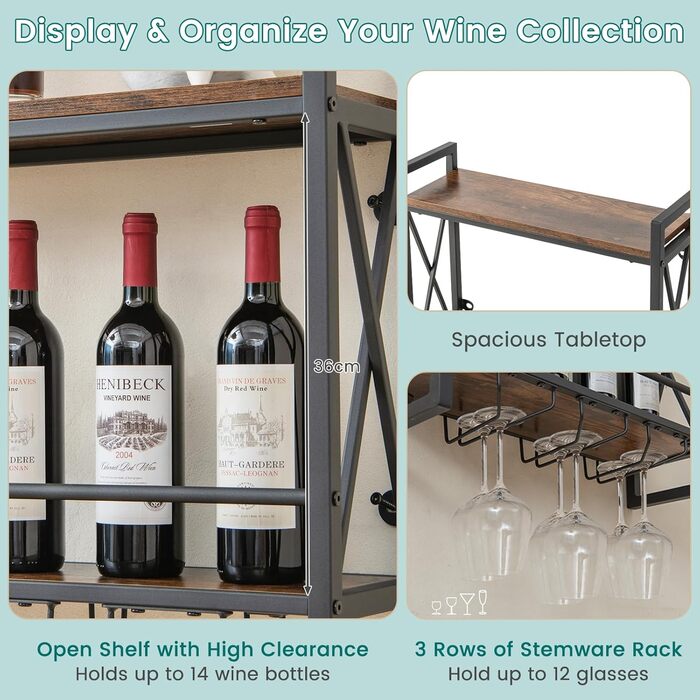 Стильна полиця для вина Komfotteu на стіну, дерев'яна з металевим каркасом, з тримачем для келихів, 60 x 20 x 55 см