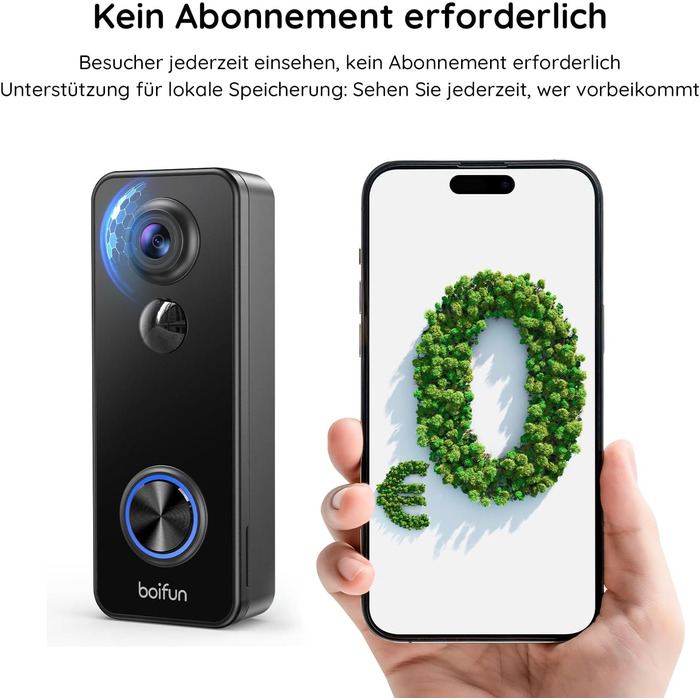 Відеодзвінок BOIFUN з камерою, 2K, Wi-Fi, 180° огляд, 2-сторонній аудіо, AI-розпізнавання руху, IP65, сумісний з Alexa, без підписки