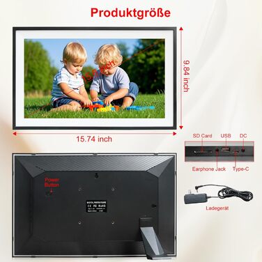 Цифровий фоторамка Frameo 15.6 дюймів: Wi-Fi, FHD IPS сенсорний екран, 32GB, автоматичне обертання, віддалене завантаження фото та відео, кріплення на стіну