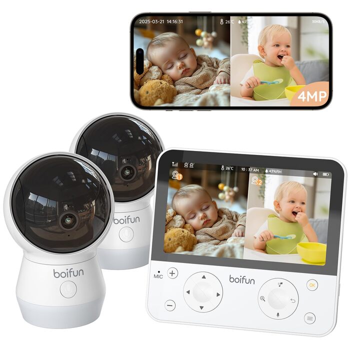 Відеоняня BOIFUN 4MP з Wi-Fi, 2 камери, нічна зйомка, датчик плачу та руху, відстеження, сповіщення, нічник, розпізнавання положення дитини (біла)