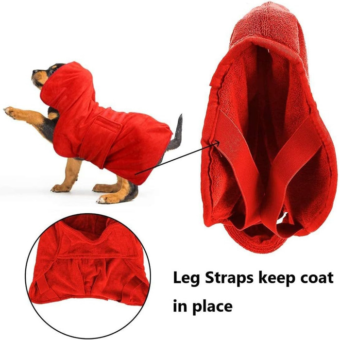 Халат для собак, купальний халат для собак, супер вбираючий вологу з мікрофібри, комір і талія можуть бути змінені за розміром (м 45 см ззаду, червоний)