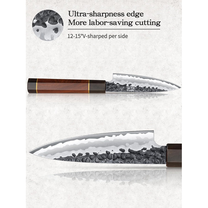 Японський ніж Сантоку HOSHANHO 18 см, ручна робота, з високоякісної сталі, ергономічна ручка, подарункова коробка (ніж-шпелінер 9,5 см)