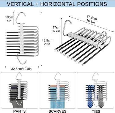 Вішалка для штанів , 2 шт. и, складні, нековзні, з гачком і 10 затискачами, 9 шарів, чорні, 9