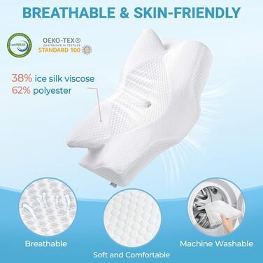 Ортопедична подушка Elviros з Memory Foam для тих, хто спить на боці, з підтримкою шиї, для зняття болю в шиї та плечах, 53.8x11/9x33 см, блакитна