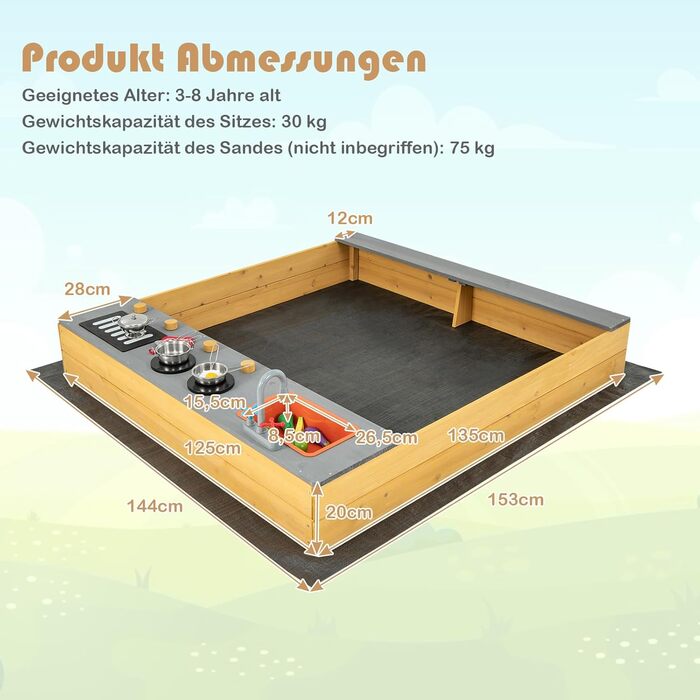 Пісочниця DREAMADE 135x125x20 см з сосни для вулиці: пісочний набір з аксесуарами та лавкою