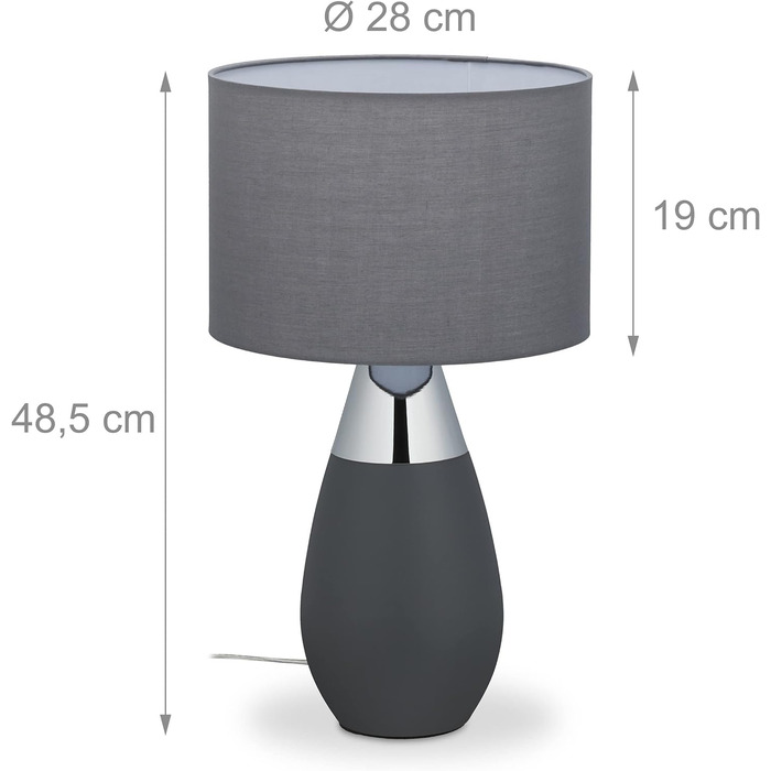 Приліжкова лампа Relaxdays з сенсорним регулюванням, 3 рівні, E14, HxD 48,5 x 28 см, сучасна, сенсорна лампа з абажуром, сірий/сріблястий