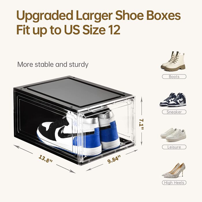 Прозорі коробки для взуття Amlla, що складаються, ящики для зберігання взуття для шафи, міцна коробка для взуття, проста в збірці, підходить для США Розмір 12 (35.25x18 см) (прозорий і чорний, 10 шт.), 10 шт.