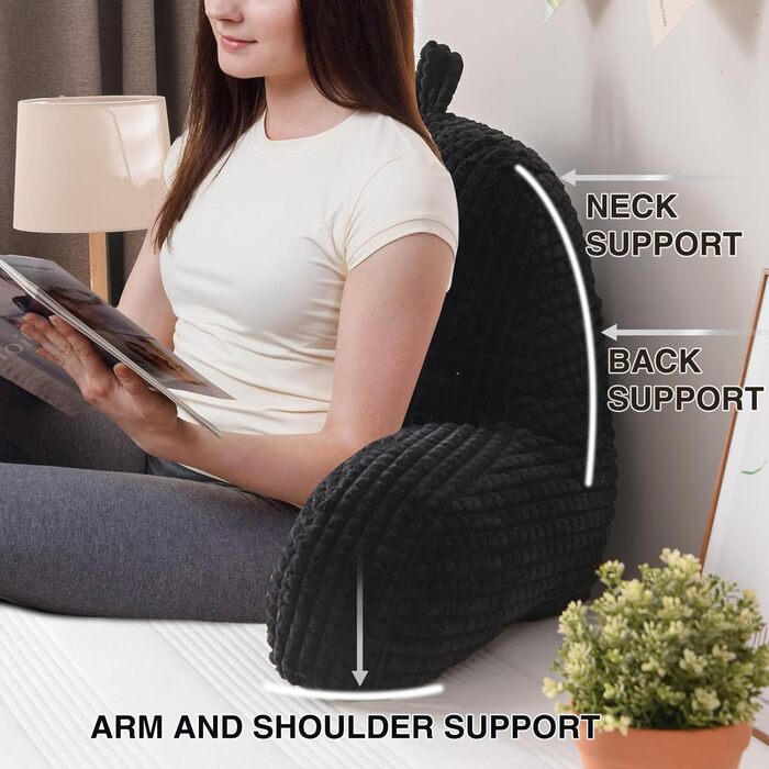 Лежак для читання Lesekissen, великий, для дорослих та дітей, з підлокітниками, підтримка спини для відпочинку та сну, вафельний малюнок, стереоскопічний дизайн, чорний, великий