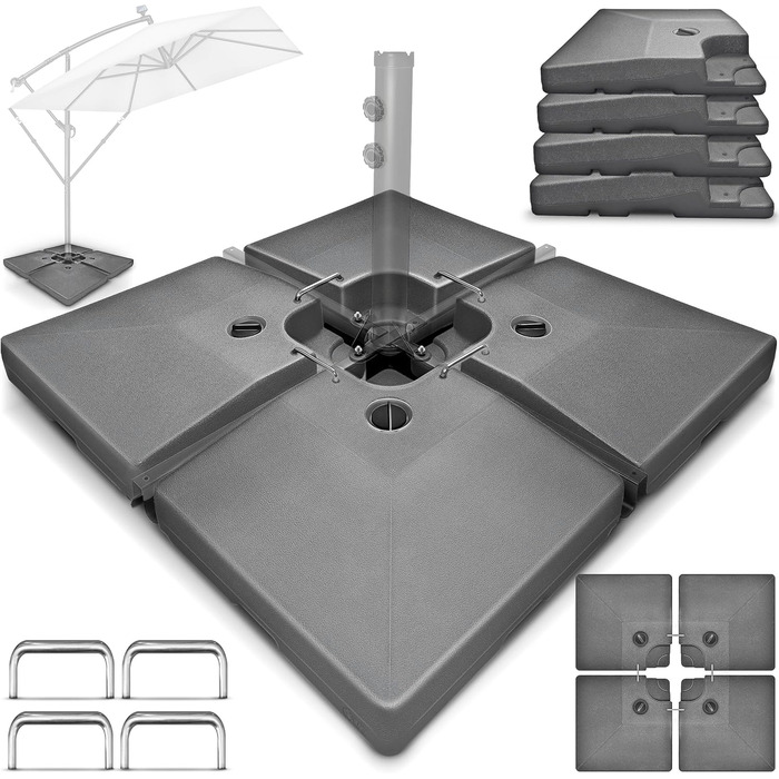 Сонцезахисний стійка Tillvex® на 90 літрів / 120 кг - 4 частини для парасольки, з металевим з'єднувачем. Можна заповнювати водою або піском. Стійка для парасольки Ampelschirmständer, вологостійка (Антрацит)