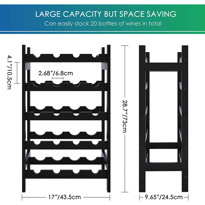 Стильна полиця для вина SMIBUY з бамбука на 20 пляшок, 5-ярусна, чорного кольору
