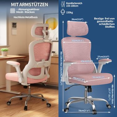 Ергономічне крісло TRALT для офісу та дому: ігрове крісло з регульованою підголівником та поперековою підтримкою, mesh-крісло, 150 кг, рожеве