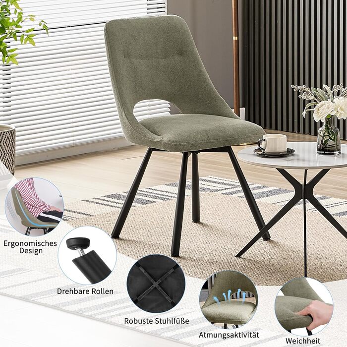 Набір обідніх стільців, 180° обертання, кухонний стілець, стільці для туалетного столика з імітацією бавовни-кашеміру, сучасний м'який стілець для вітальні з металевими ніжками (2 не обертаються, сіро-зелений)