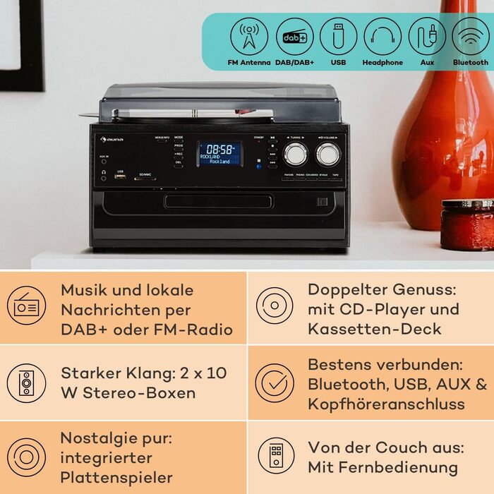 Програвач вінілу Auna з Bluetooth, USB, CD, DAB-радіо, вбудованими динаміками, ретро-дизайн, чорний