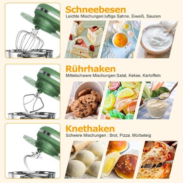 Кухонна машина AUMATE 1400W, 6.2 л, оливковий, з міксером та гаками для тіста