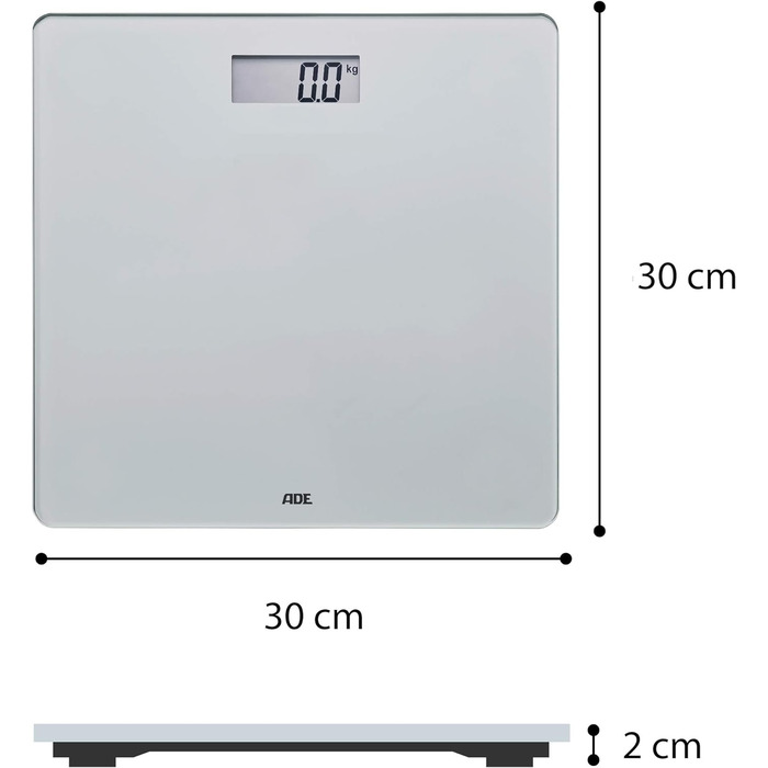 Цифрові скляні ваги ADE висотою всього 2 см Прості ваги для ванної кімнати з поверхнею зважування з безпечного скла Дуже точні результати 180 кг (срібло)