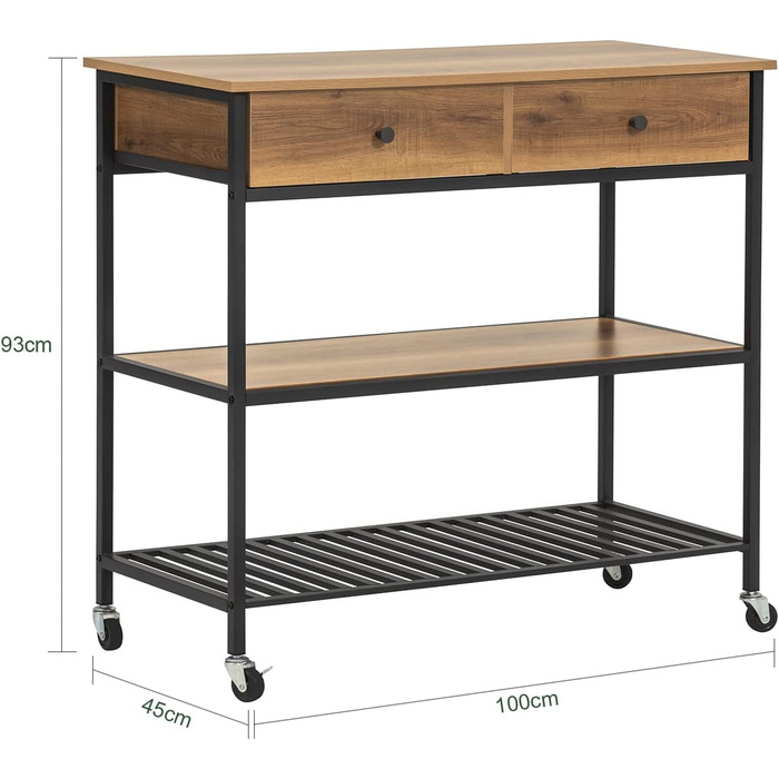 Кухонний візок SoBuy FKW112-PF з 4 колесами, 2 ящиками, 2 полицями, промисловий дизайн, 100x93x45см Vintage