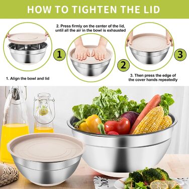 Набір міксерів YlYADl (31 предмет) - 6 нержавіючої сталі миски з кришкою та силіконовим дном (0.8-2.9L), стекові, 3 насадки-тертки