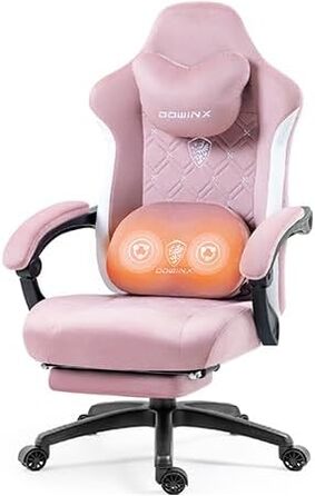 Ігрове крісло Dowinx з підігрівом та масажною поперековою підтримкою, тканинне крісло з пружинною подушкою і підніжкою, рожеве, для дорослих, висока спинка