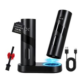 Електричний набір для солі та перцю з зарядною станцією, об'єм 110 мл, перезаряджувана млинка для солі з 5 рівнями, керамічна млинка з щіткою, 2 шт., чорний
