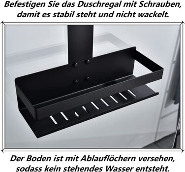 Настінна полиця для душу з 2 ящиками, SUS304 нержавіюча сталь, матовий чорний, з гачками, для скляних душових кабін