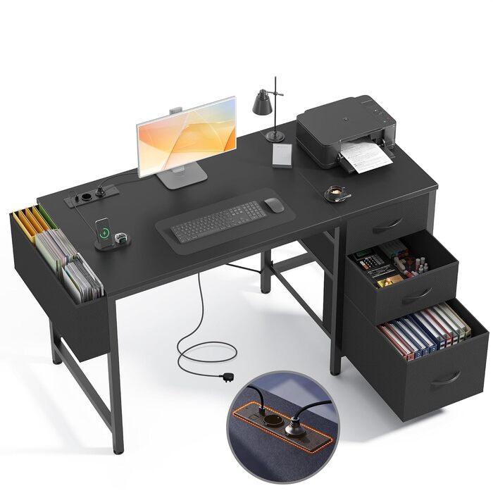 Компактний письмовий стіл Claiks з 3 висувними ящиками, 100x60 см, з розетками та USB-портами. Комп'ютерний стіл для дому та офісу