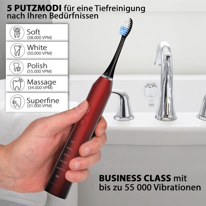 Електрична зубна щітка Tristan Auron – 55 000 вібрацій, 5 режимів, 60 днів роботи від акумулятора, компактна та тиха, 2 насадки, для бережного очищення зубів (червона)