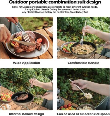 Набір столових приборів iBasingo Titan для кемпінгу: ложка, виделка, ніж, палочки для їжі. Металевий набір посуду для подорожей та повсякденного використання. Ti1056T