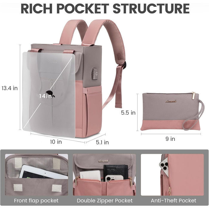 Жіночий рюкзак LOVEVOOK: компактний, водонепроникний, для ноутбука 13.3