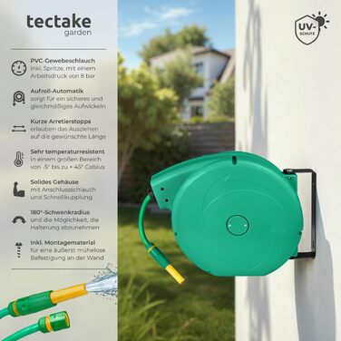 Шланговий барабан Tectake® настінний, 1/2 дюйма, 10м, з автозмотуванням, для саду та городу, водяний шланг, котушка для шланга, розпилювач