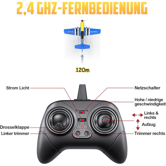 RC літак HAWK'S WORK P-51D Mustang 2.4GHz, готовий до польоту, 6-осьовий гіростабілізатор, синій - для дітей та початківців