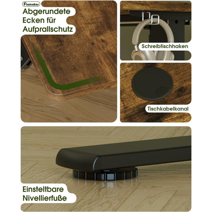 Електричний регульований стіл Flamaker з пам'яттю, ігрова модель, 160 x 60 см (Бежевий+Білий, Вінтажний Коричневий)