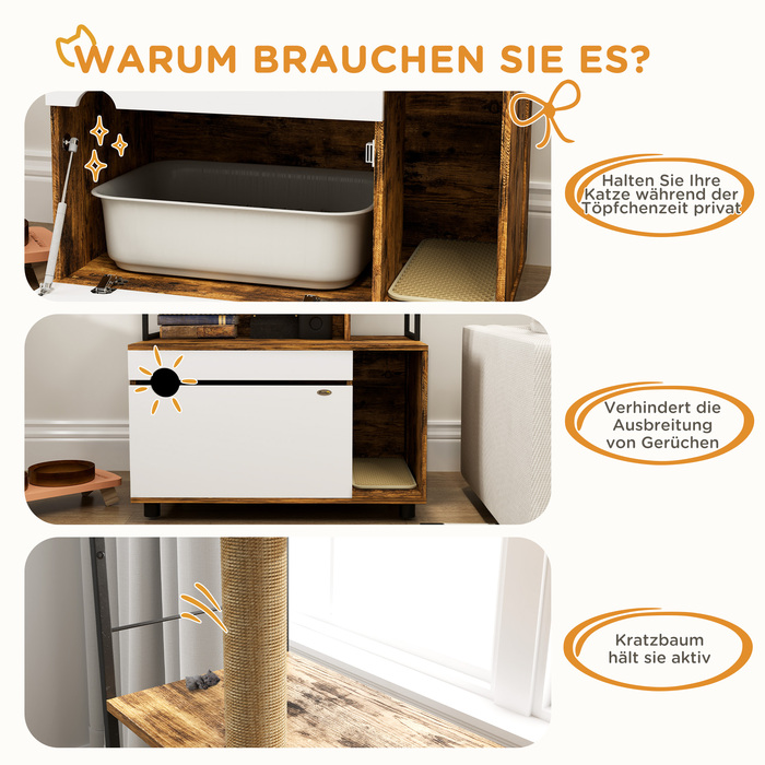 Котомийка з 3-ярусним стелажем та когтеточкою, закритий лоток для котів, 80 x 48 x 152 см, Коричневий