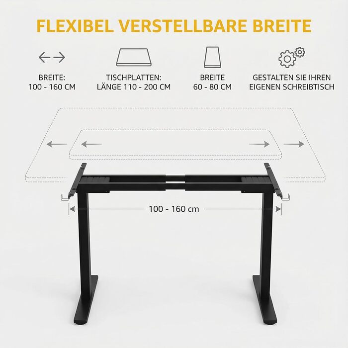 Електричний стіл Homall з регулюванням висоти, 2 мотори, підйом до 100 кг, телескопічний, пам'ять, захист від зіткнень (чорний)