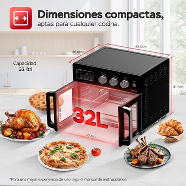 TurboTronic Міні-піч 4в1: конвекційна піч, фритюрниця, дегідратор, гриль. Об'єм 32л, з поворотним шампуром та аксесуарами. Чорний колір.