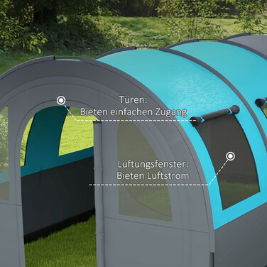 Намет Outsunny Tunnel 6-місний кемпінговий намет з 2 кімнатами та світловим гачком, груповий намет із сумкою для перенесення, водяний стовп 3000 мм, сімейний намет сірого кольору