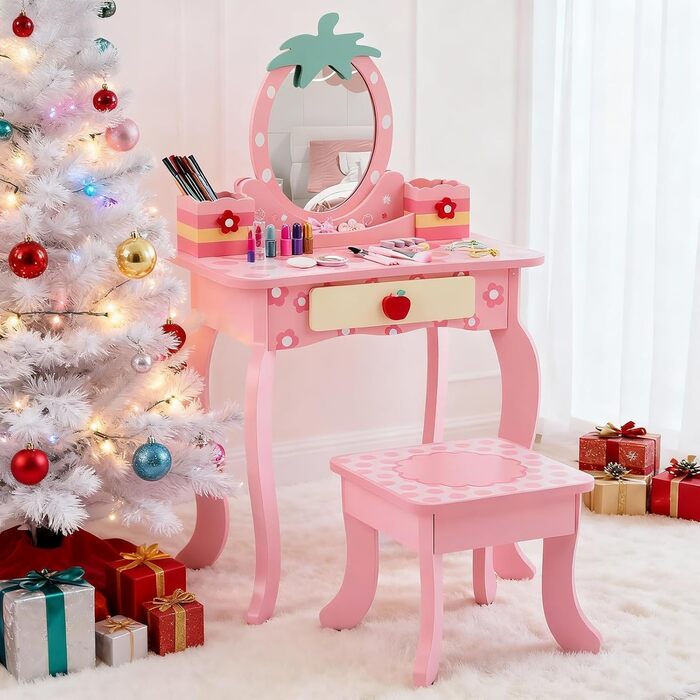 Детский туалетный столик LEADZM с пуфом для девочек, с двумя зеркалами 180°, с ящиком, белый и розовый, для детей 3-9 лет