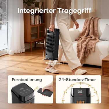 Електричний обігрівач QEXREED 2000W з PTC, 4 режими, ECO, осциляція 90°, таймер 24г, пульт, тихий, захист від перегріву та перекидання