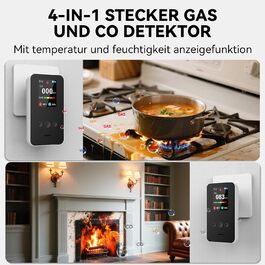 Детектор чадного газу та газу з вилкою, 4-в-1 CO-детектор з датчиком температури та вологості, з акустичним сигналом для дому та автодому, 1 шт. (Чорний) (Weiß 1 Quadrat)
