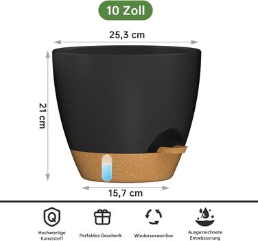 Набір горщиків для квітів ZMTECH 25 см з підставкою, 2 шт., чорний, самополив, пластик