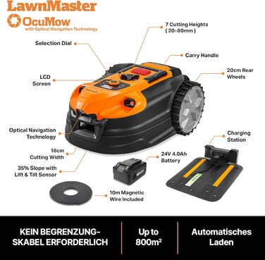 Газонокосарка-робот LawnMaster VBRM18AMID4R без обмежувального дроту, для газонів до 800 м², акумулятор 4 А·год, оптична навігація, уникнення перешкод, автоматична зарядна станція, функція забороненої зони, WiFi та Bluetooth управління через додаток
