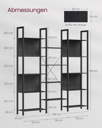 Етажерка VASAGLE на 14 полиць, металевий каркас, промисловий дизайн, 24x158x166 см, верблюжий коричневий чорнило чорний